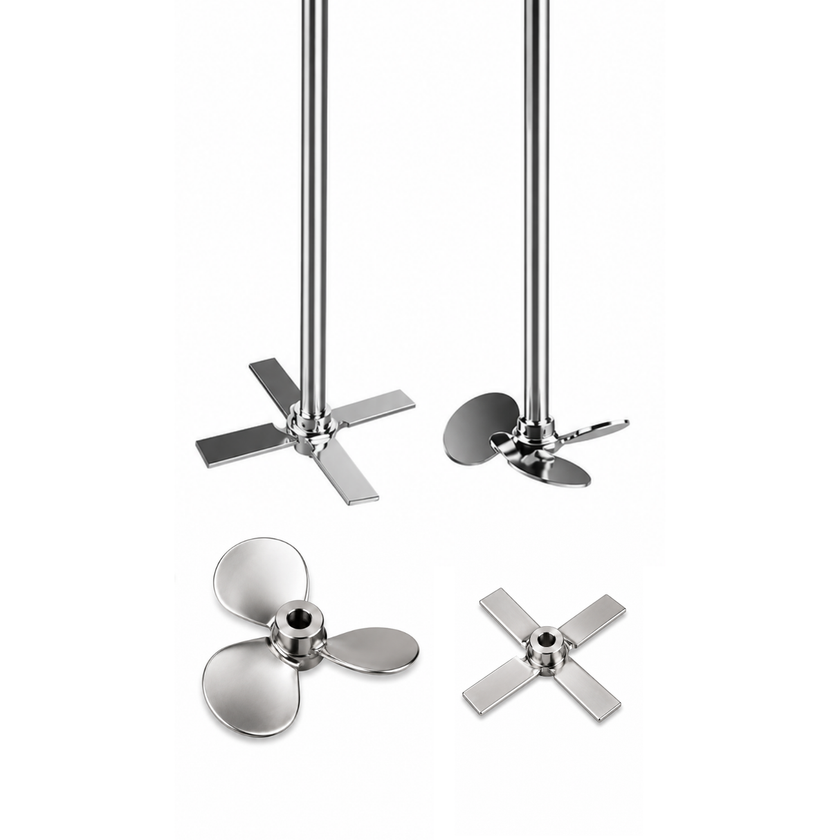 Four stainless steel mixing propellers of different blade configurations on rod, and three blade mixing propellers, shown against a plain white background.