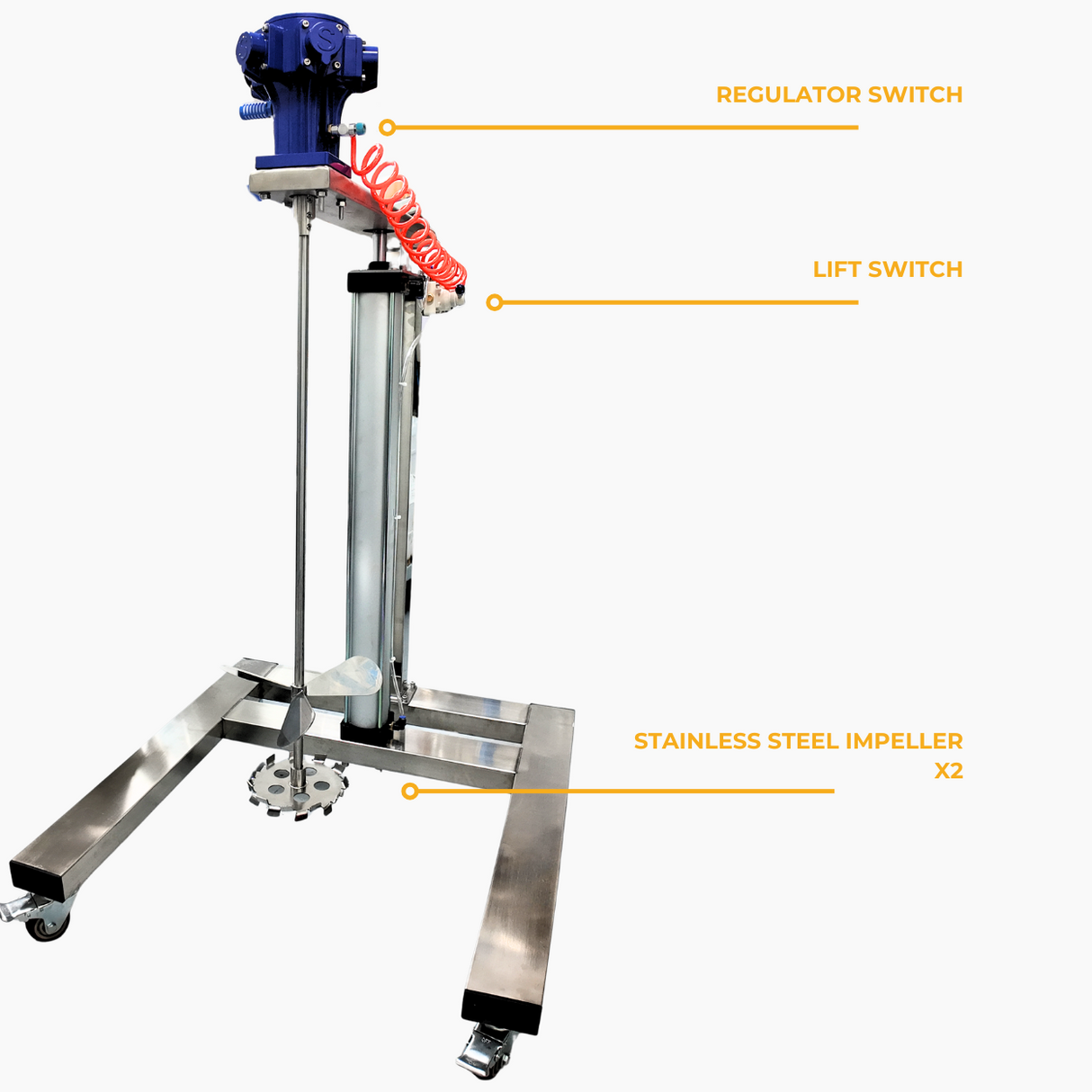 SPRALL pneumatic mixer front angle with features text