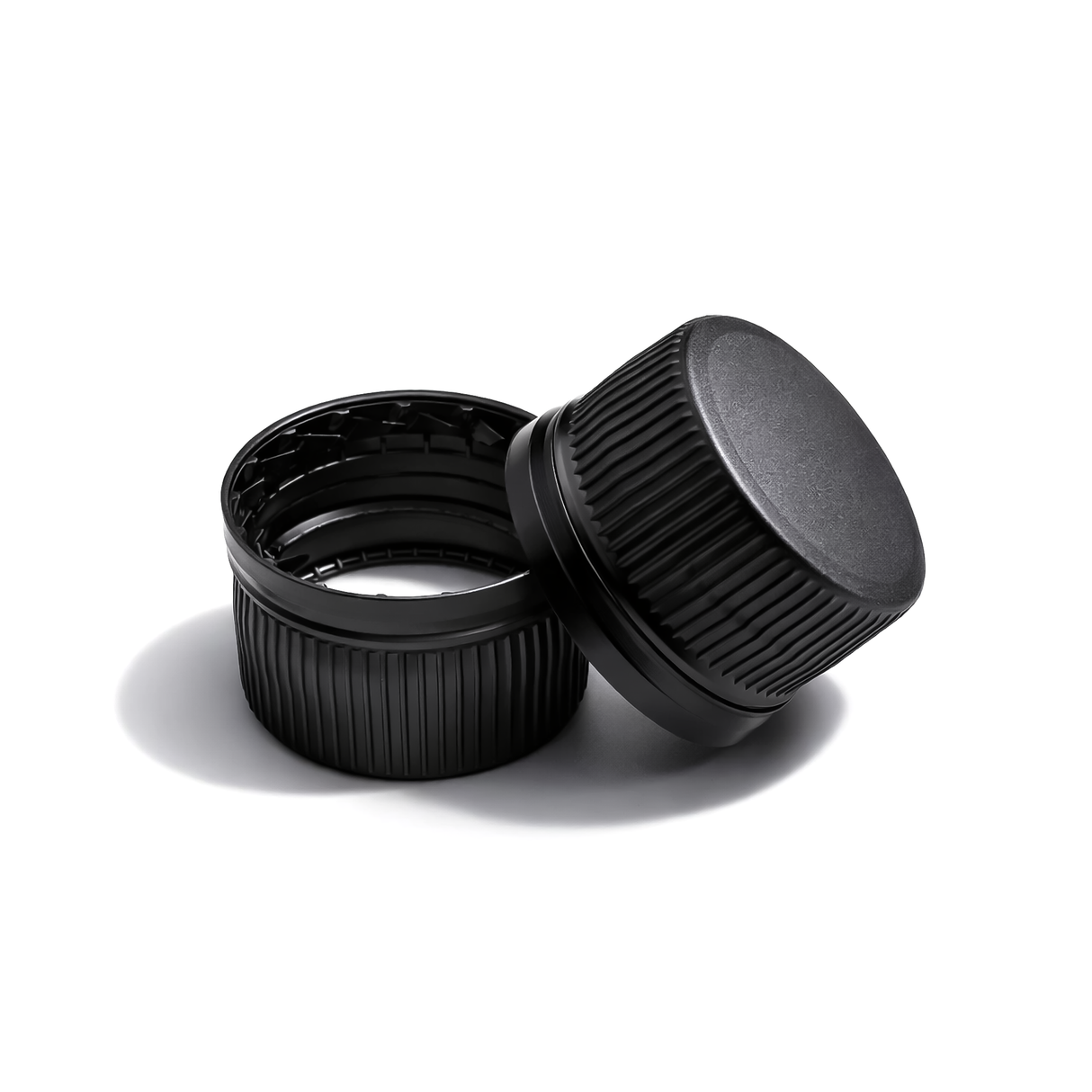 Black 28 mm tamper evident cap with EPE liner for plastic bottles, ideal for cosmetic, pharmaceutical and liquid product packaging