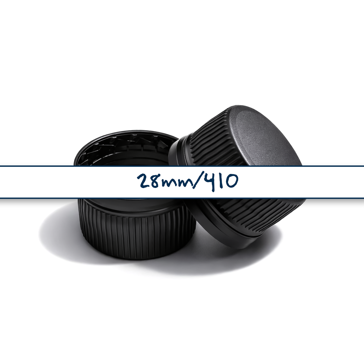 Black 28 mm tamper evident cap with EPE liner for plastic bottles, ideal for cosmetic, pharmaceutical and liquid product packaging