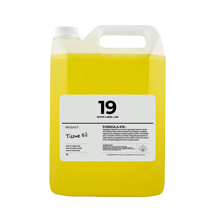 5L jerry can container of tissue oil with a label on a white background