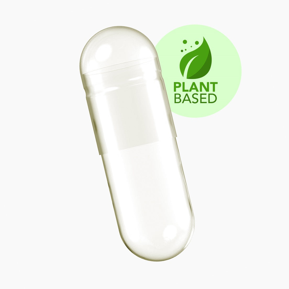 Clear Plant-Based Size 00 Cellulose Capsule Shell With Sticker Next To It Isolated On White Background | Brightpack Packaging Accessories