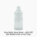 100ml clear glass dropper bottle with 18mm neck and no closure shown with promotional text