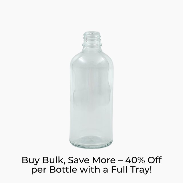 100ml clear glass dropper bottle with 18mm neck and no closure shown with promotional text