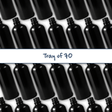 Collection of black 100ml glass dropper bottles, empty cosmetic packaging for serums, oils and skincare formulations