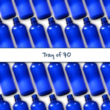 Collection of blue 100ml glass dropper bottles, empty cosmetic packaging for serums, oils and skincare formulations