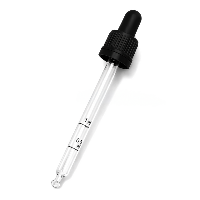 Black glass pipette dropper for cosmetic bottles, ideal for precise dispensing of serums, oils and skincare liquids ideal for 100ml bottles