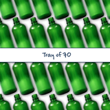 Collection of green 100ml glass dropper bottles, empty cosmetic packaging for serums, oils and skincare formulations