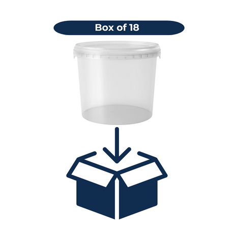 Clear 10L bucket with a box icon and 'Box of 18' text on a white background