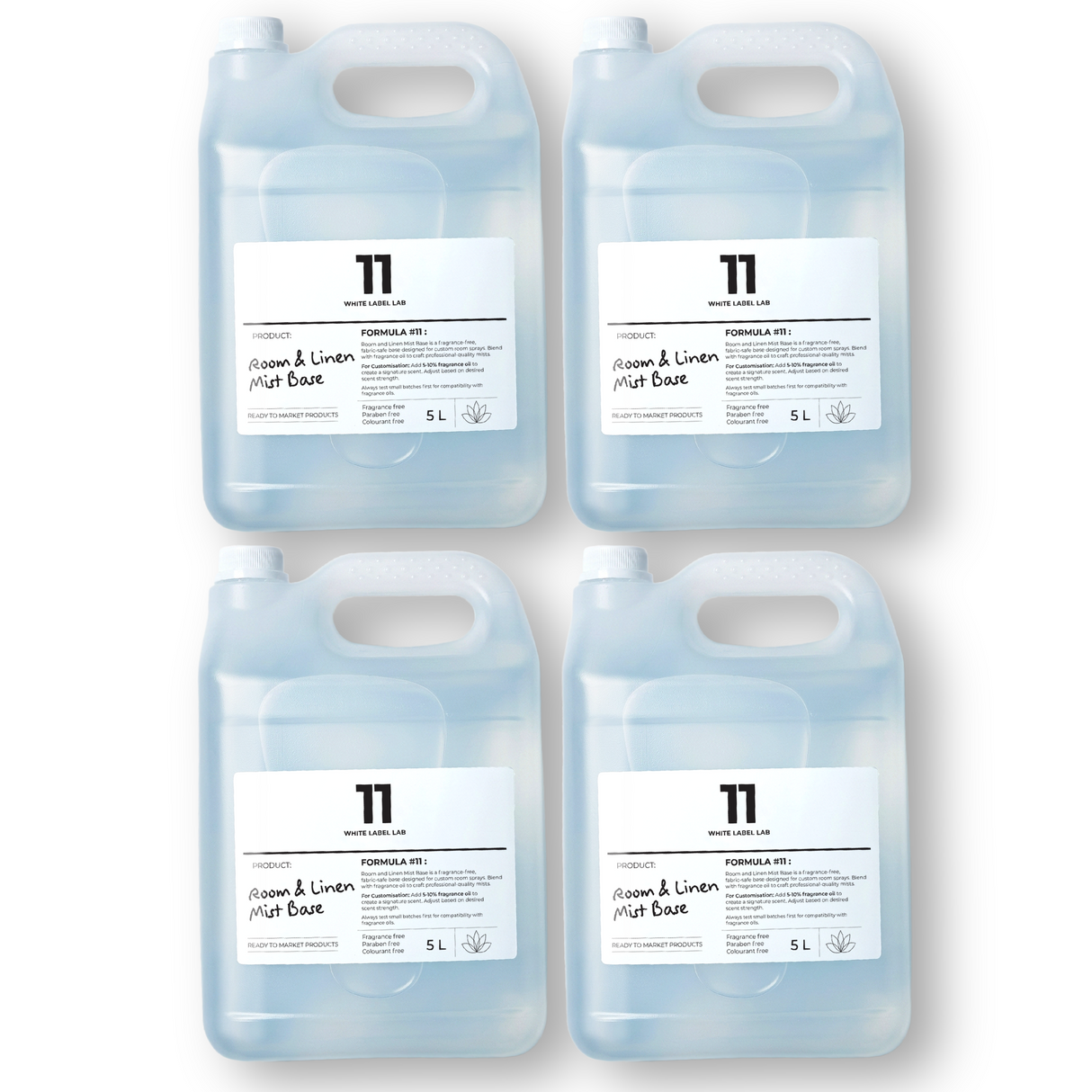 Pack of four 5 L jerry cans of Brightpack room and linen mist for fragrance and home-care brands.