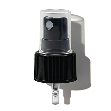 Black 18 mm mist spray closure for cosmetic bottles, ideal for facial mists, perfumes and liquid personal care products