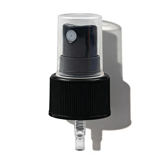 Black 18 mm mist spray closure for cosmetic bottles, ideal for facial mists, perfumes and liquid personal care products