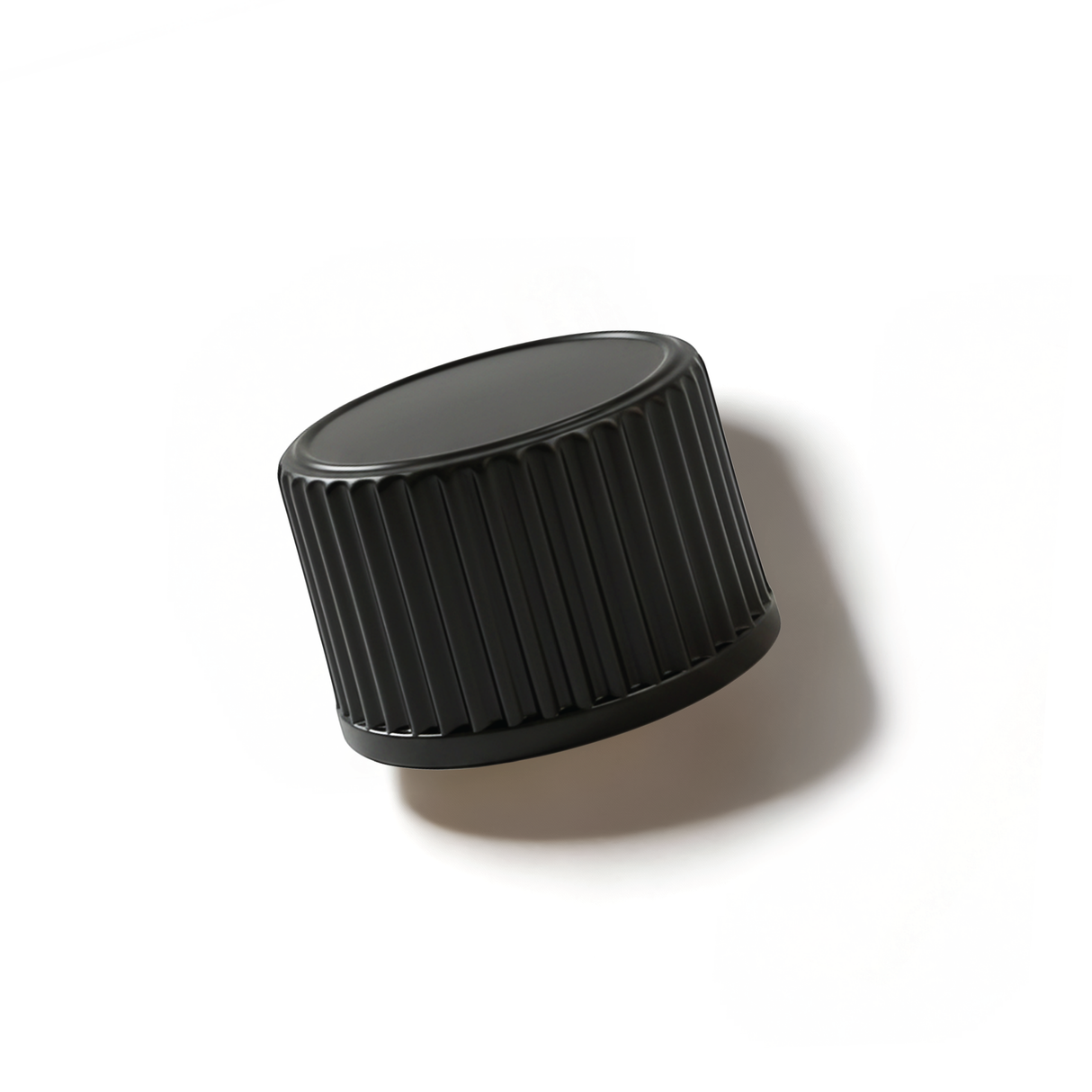 Black 18 mm poly cone cap for plastic bottles, providing a secure seal for cosmetic, pharmaceutical and liquid product packaging