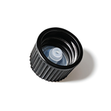 Black 18 mm poly cone cap for plastic bottles, providing a secure seal for cosmetic, pharmaceutical and liquid product packaging