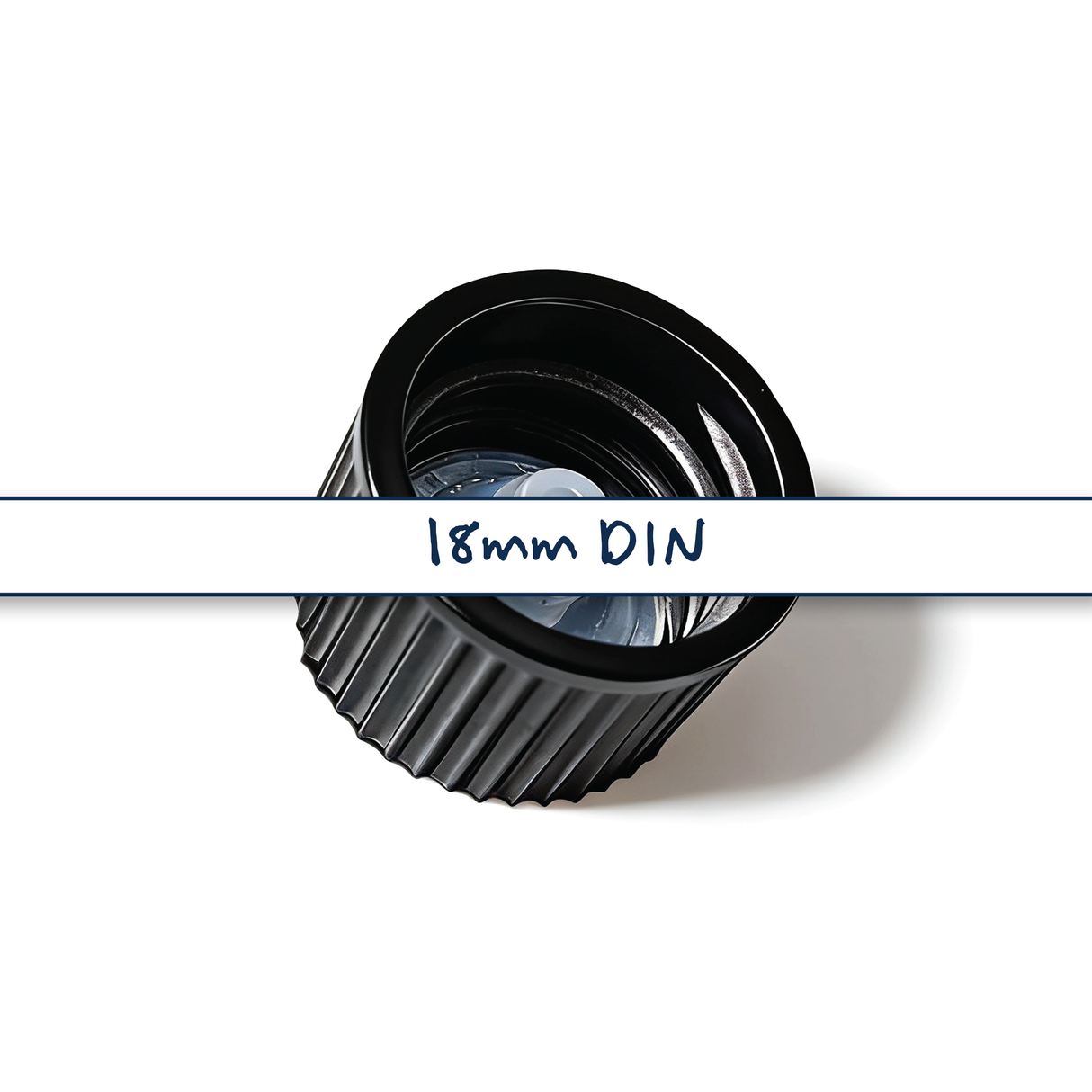 Black 18 mm poly cone cap for plastic bottles, providing a secure seal for cosmetic, pharmaceutical and liquid product packaging