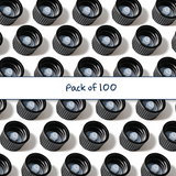 Multiple black 18 mm poly cone cap for plastic bottles, providing a secure seal for cosmetic, pharmaceutical and liquid product packaging