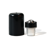 Black 18 mm roller ball with cap for cosmetic bottles, ideal for perfumes, essential oils and liquid skincare applications