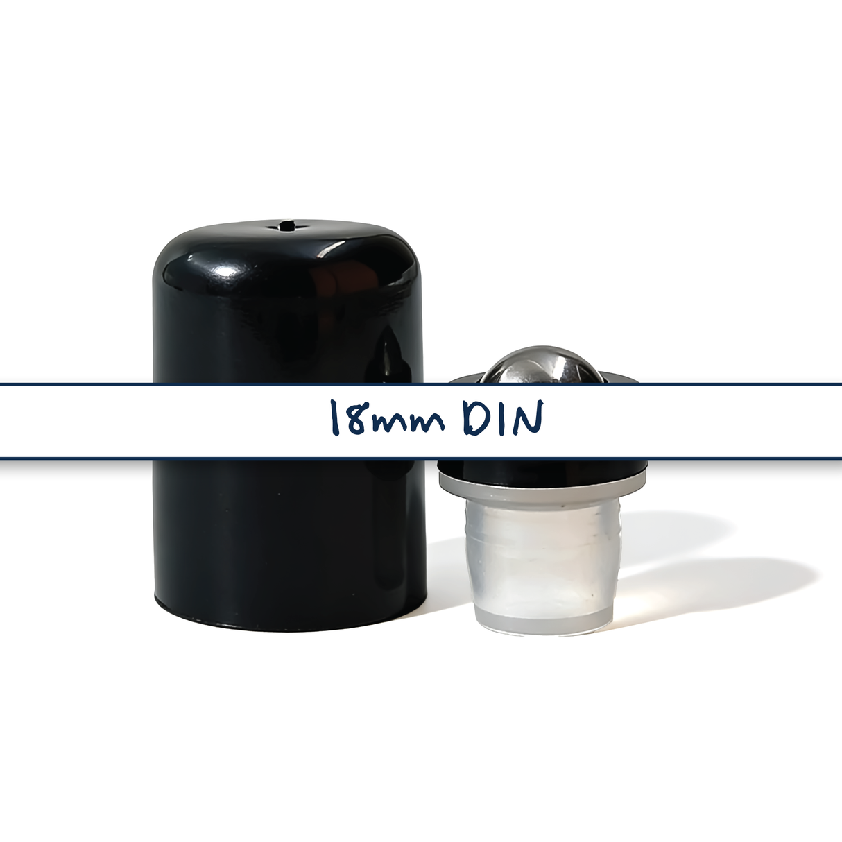 Black 18 mm roller ball with cap for cosmetic bottles, ideal for perfumes, essential oils and liquid skincare applications