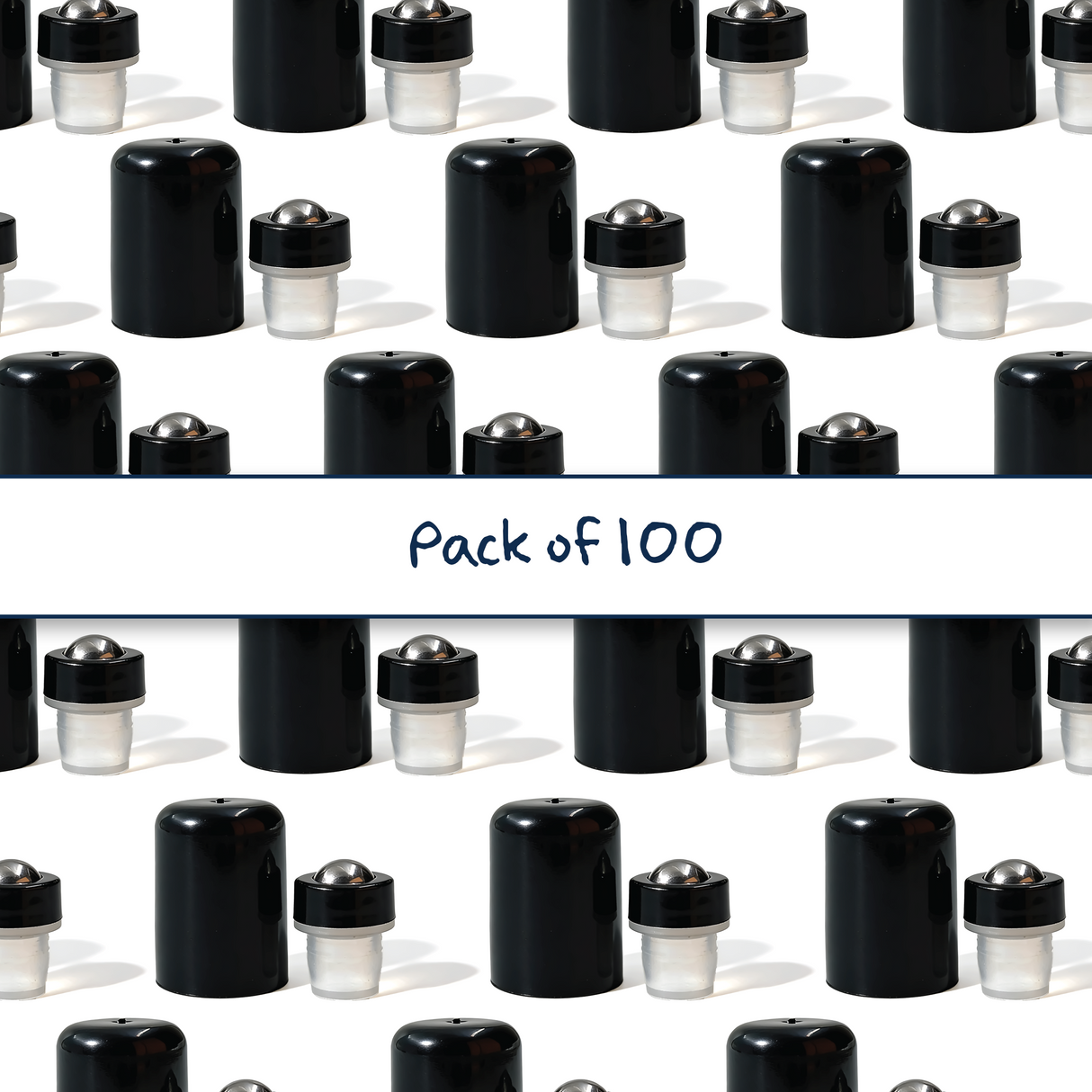 Multiple black 18 mm roller ball with cap for cosmetic bottles, ideal for perfumes, essential oils and liquid skincare applications