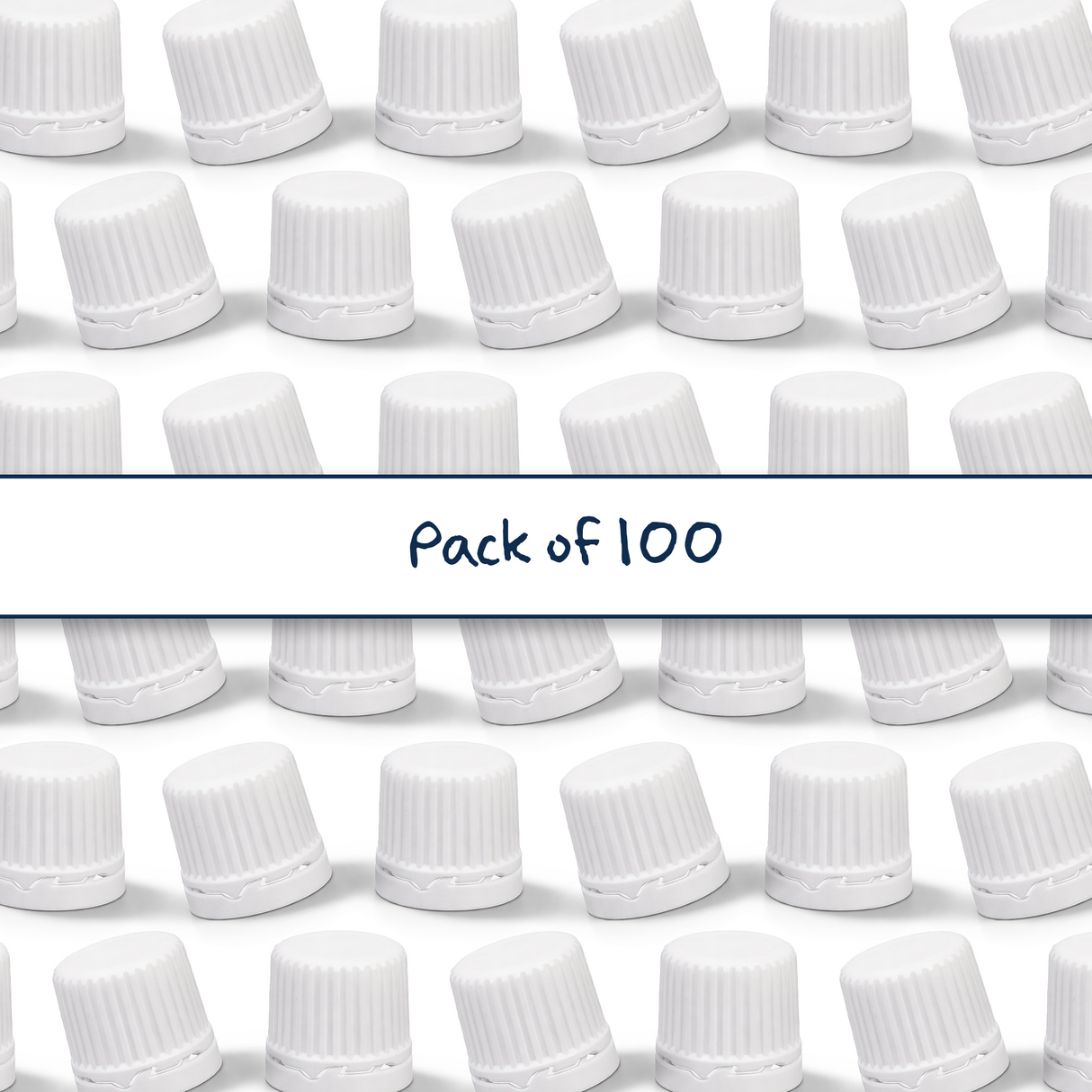 Multiple 18 mm white fast flow dropper caps for cosmetic and skincare bottles