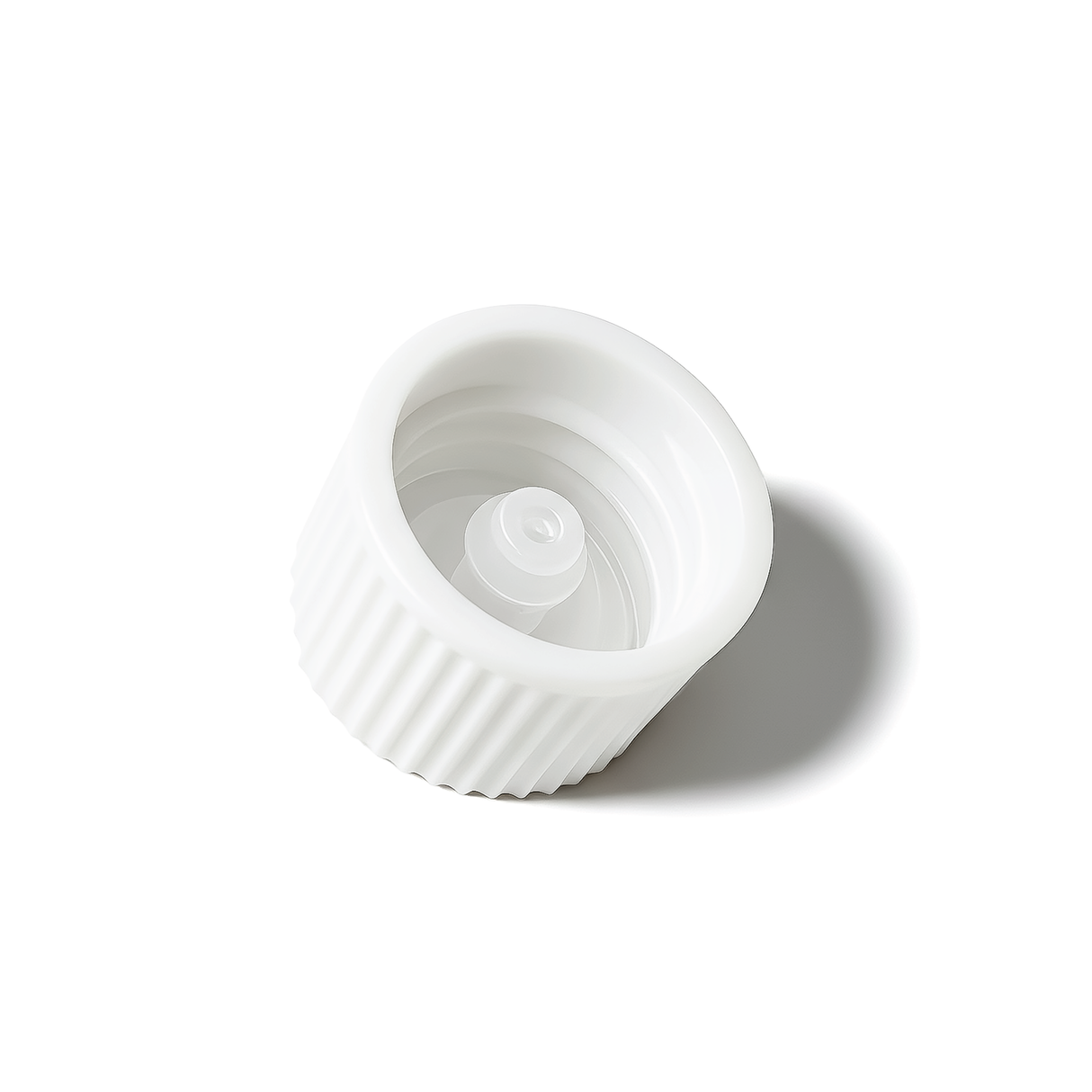White 18 mm poly cone cap for plastic bottles, providing a secure seal for cosmetic, pharmaceutical and liquid product packaging