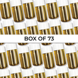 Box of 73 50 ml bottles of Brightpack tissue oil infused with essential oils for skin nourishment.