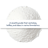 Sodium Bicarbonate powder cosmetic grade in container, baking soda for skincare, cleaning, and formulation use with buffering and neutralising properties