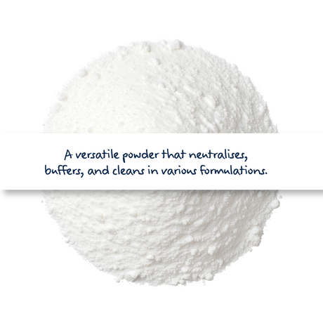 Sodium Bicarbonate powder cosmetic grade in container, baking soda for skincare, cleaning, and formulation use with buffering and neutralising properties