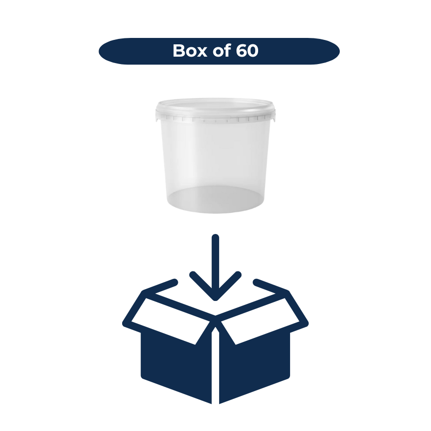 Clear 1L plastic bucket with a box icon and text 'Box of 60' on a white background