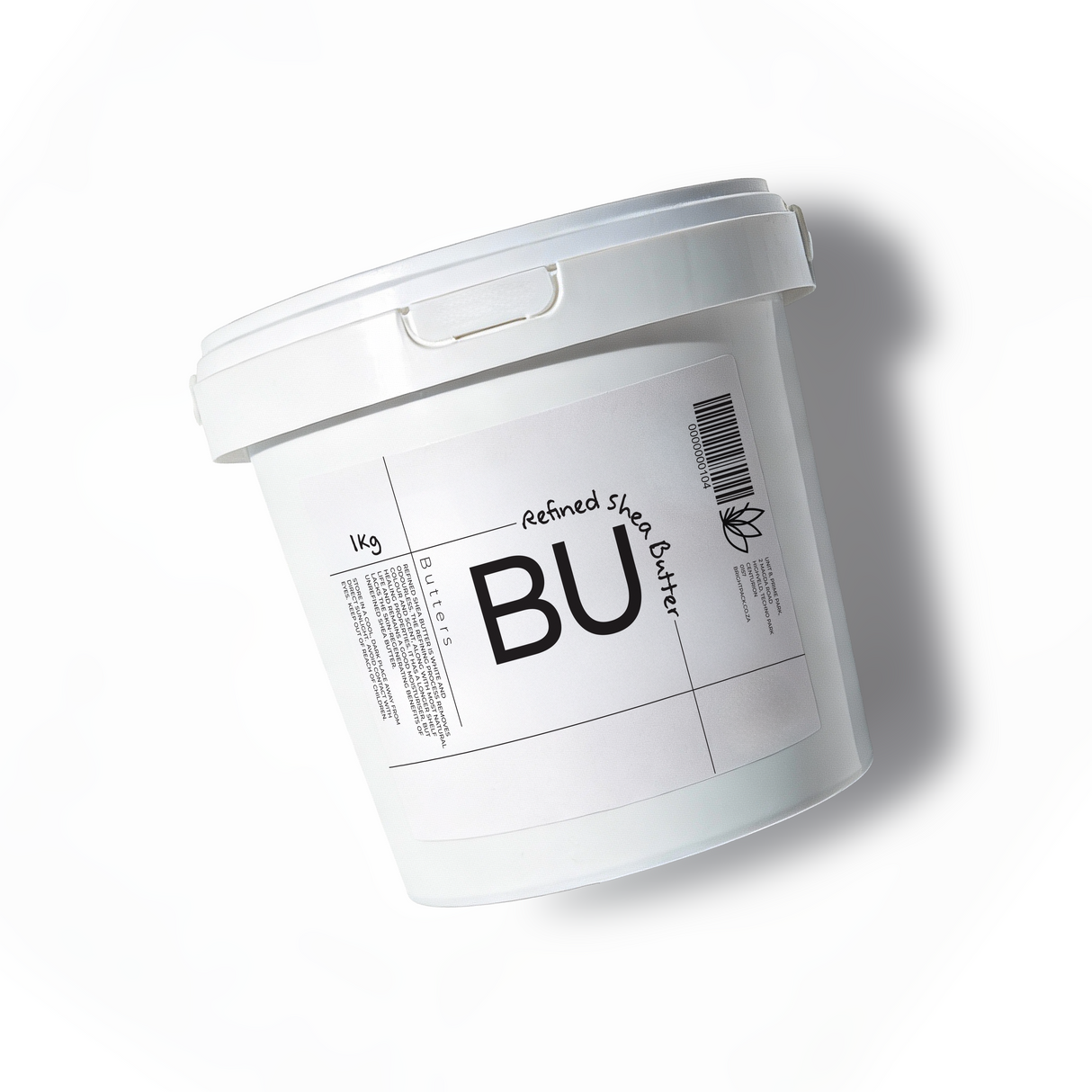 White container of refined shea butter on a white background