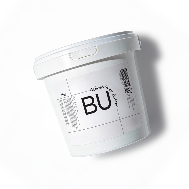 White container of refined shea butter on a white background