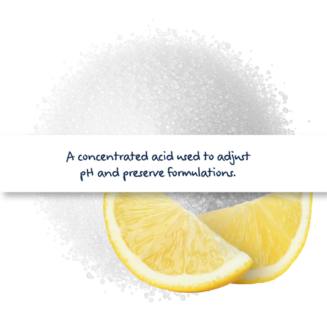 Citric Acid Anhydrous powder in container, cosmetic and food grade ingredient for pH adjustment, preservation, and formulation use