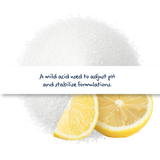 Citric Acid Monohydrate crystals in container, cosmetic and food grade ingredient for pH adjustment, preservation, and formulation use