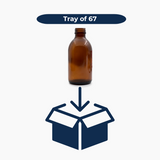 200ml amber glass bottle with 28mm neck shown with box icon indicating tray of 67 units