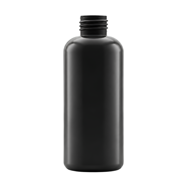 The 200ml Black HDPE Boston Bottle 24/410 neck, offers a sleek and durable packaging solution, perfect for storing personal care products like lotions, shampoos, or serums.