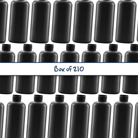 The 200ml Black HDPE Boston Bottle 24/410 neck, offers a sleek and durable packaging solution, perfect for storing personal care products like lotions, shampoos, or serums.