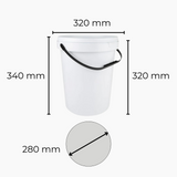 White 20L bucket with measurements on a white background