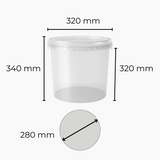 Clear plastic bucket 20L with dimensions labeled on a white background