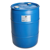 Blue industrial drum with a label on a white background