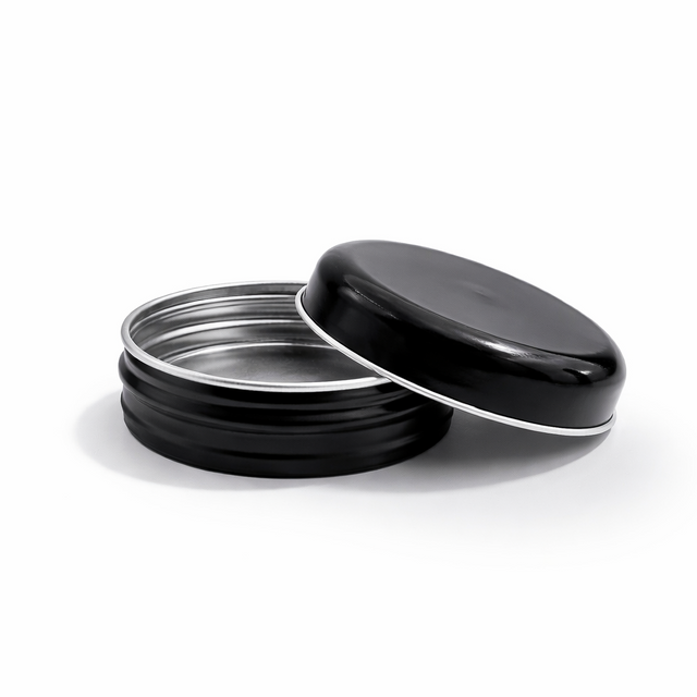 Open black 20ml aluminium tin container, cosmetic packaging for lip balms, creams, balms and skincare products