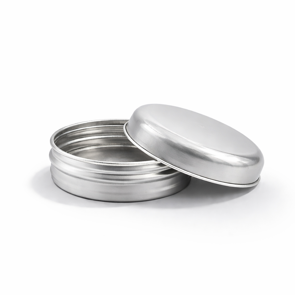 Open silver 20ml aluminium tin container, cosmetic packaging for lip balms, creams, balms and skincare products