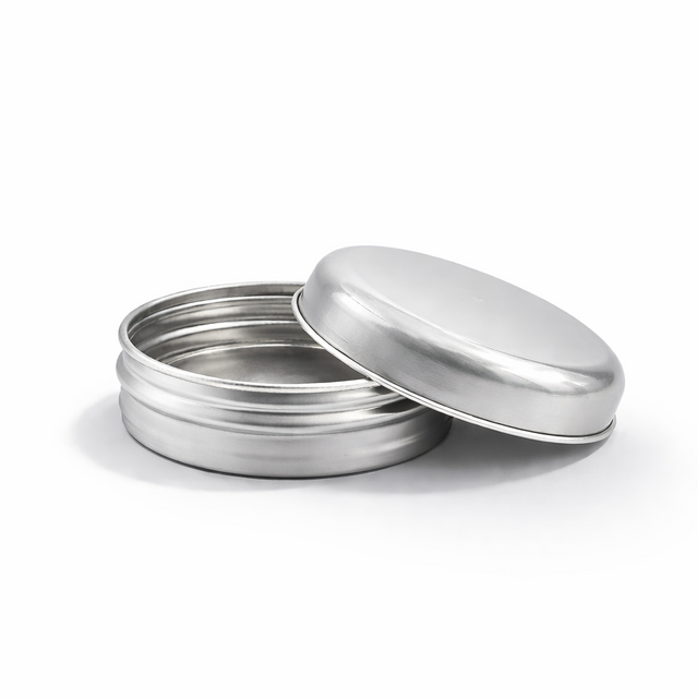 Open silver 20ml aluminium tin container, cosmetic packaging for lip balms, creams, balms and skincare products