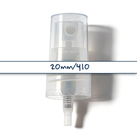Clear 20 mm mist spray closure for cosmetic bottles, suitable for facial mists, perfumes, toners and liquid personal care packaging