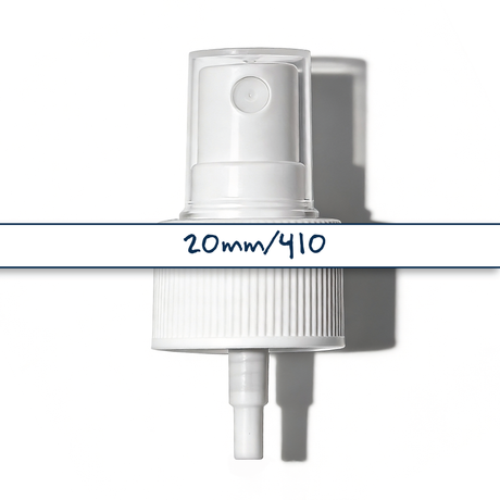 White 20 mm mist spray closure for cosmetic bottles, suitable for facial mists, perfumes, toners and liquid personal care packaging