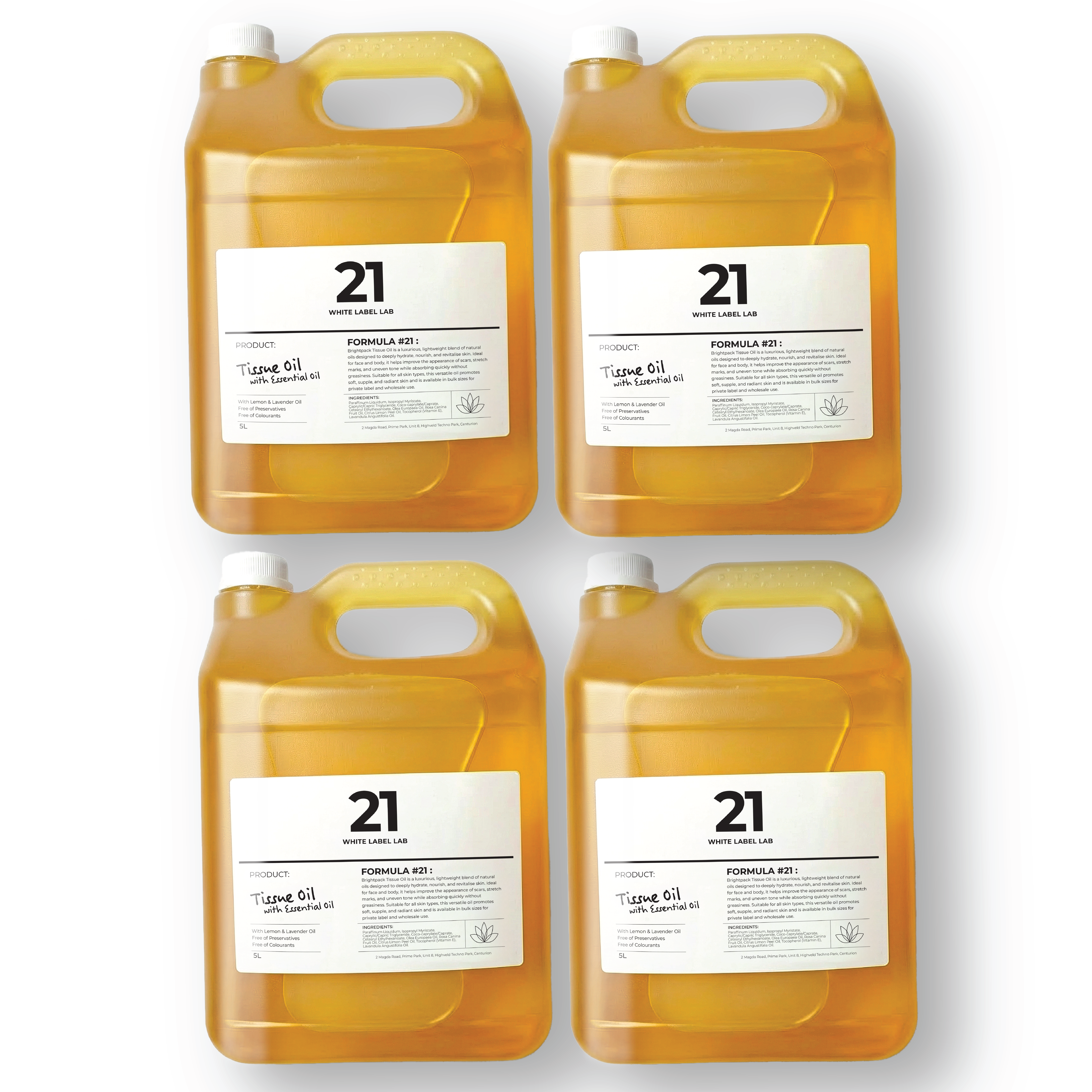 Pack of four 5 L jerry cans of Brightpack tissue oil infused with essential oils for skin nourishment.