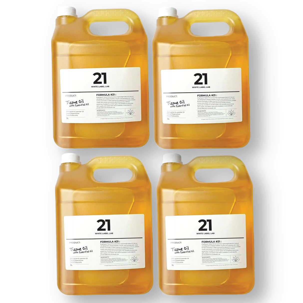 Pack of four 5 L jerry cans of Brightpack tissue oil infused with essential oils for skin nourishment.
