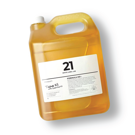 5 L jerry can of Brightpack tissue oil infused with essential oils for skin nourishment.