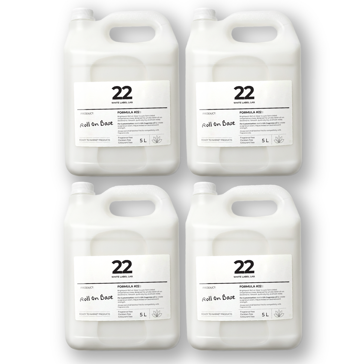 Pack of four 5 L jerry cans of Brightpack roll-on deodorant base for private-label production.