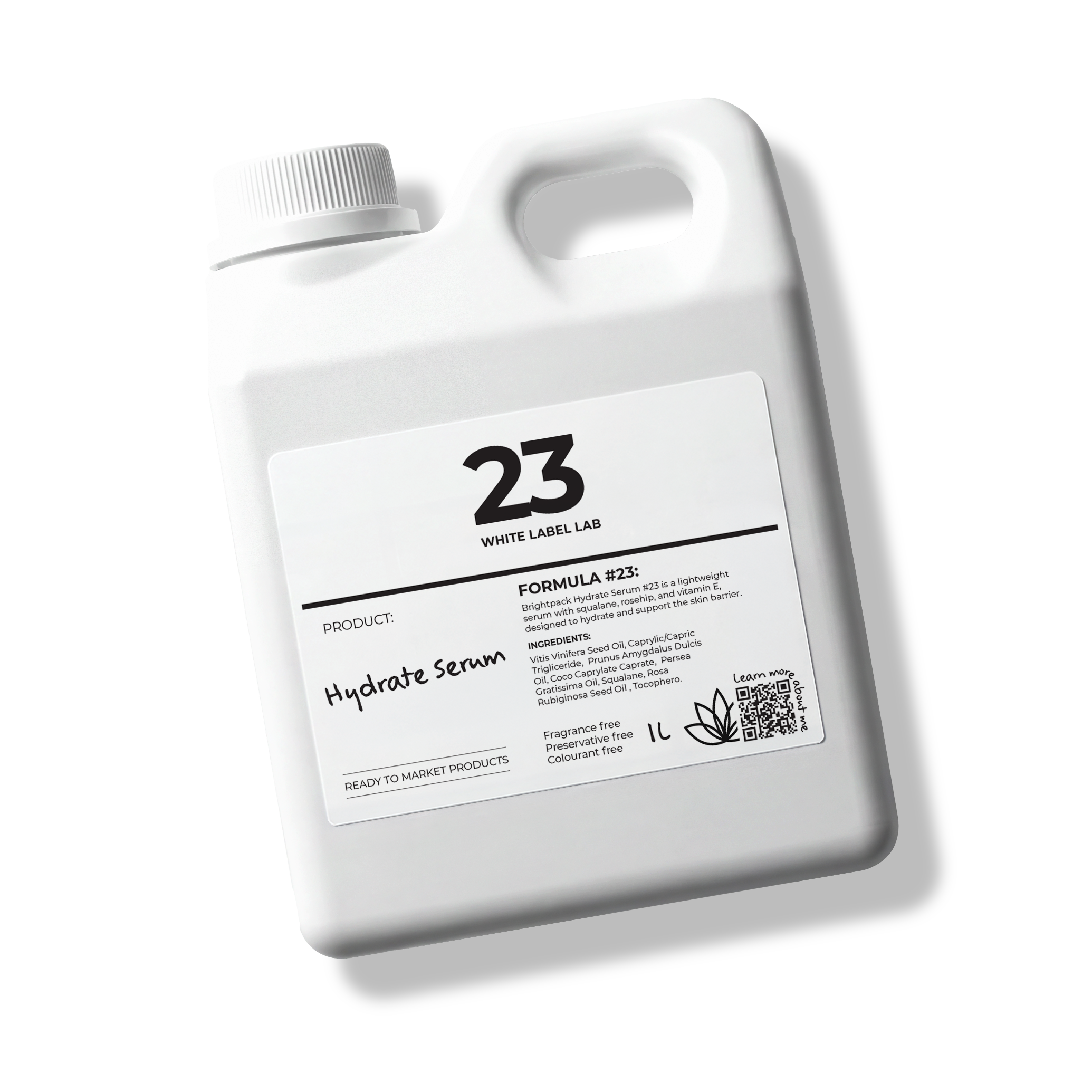 1 L bottle of Brightpack Hydrate Serum for lightweight, fast-absorbing skin hydration.