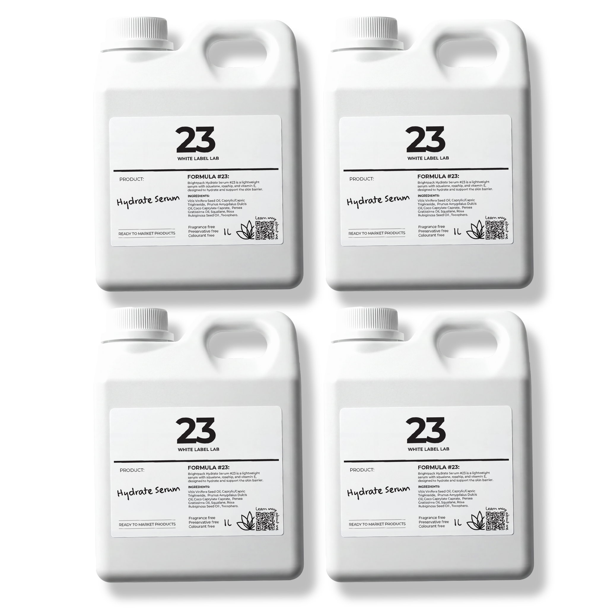 Pack of four 1 L bottles of Brightpack Hydrate Serum for bulk skincare use and refilling.